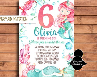 Mermaid Birthday Invitation. Mermaid Birthday Party. Pink Mermaid. Party Supplies