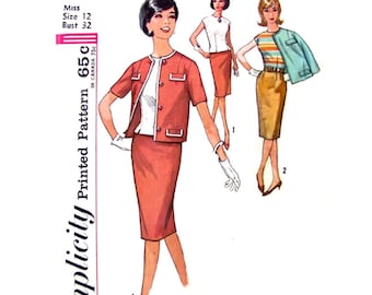 1960s Vintage Lined Jacket, Blouse, Slim Skirt Pattern Simplicity 4810 Office Suit Womens Sewing Pattern Bust 32