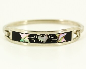 1970s Hecho En Mexico Silver Bracelet - Child Teen Inlaid Abalone Heart Butterfly Bracelet, Southwest Estate Jewelry, Mexican Silver Jewelry