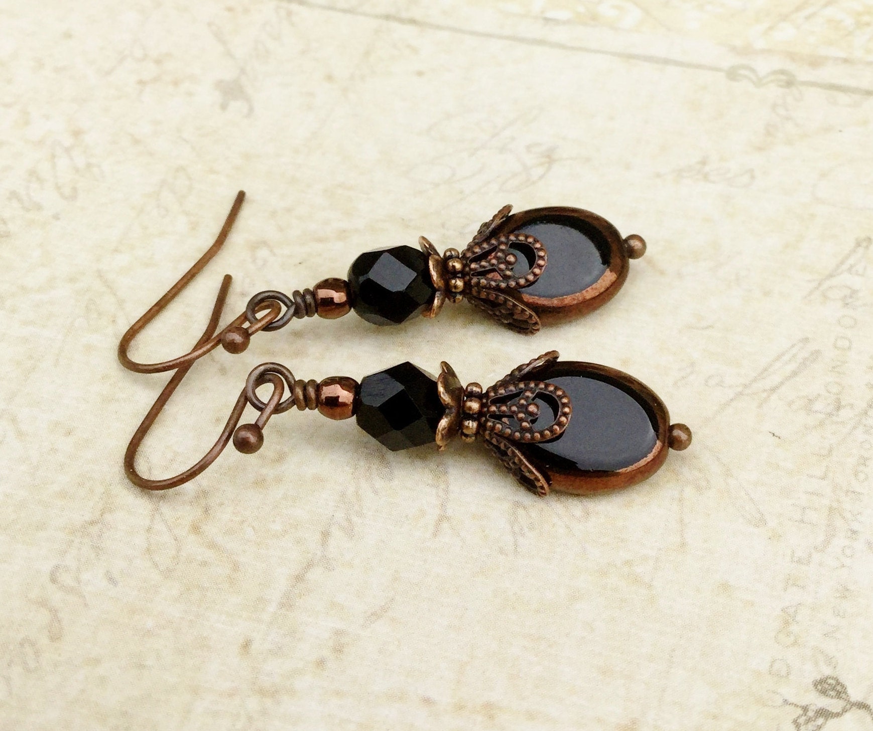 Black Earrings Copper Earrings Bronze Earrings Czech Glass