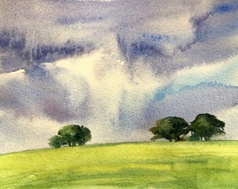 Tree painting, landscape painting, Storm clouds, fields, hills