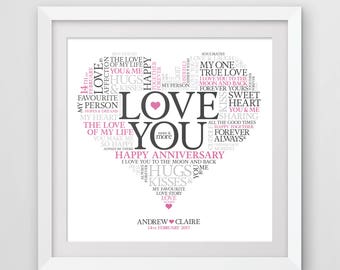 Love You - Love heart word art print, anniversary gift, valentines gift.