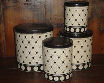 Old Tin Canister Set | Vintage Black and White Canister Set | Antique Canister Set | Farmhouse Kitchen Canisters