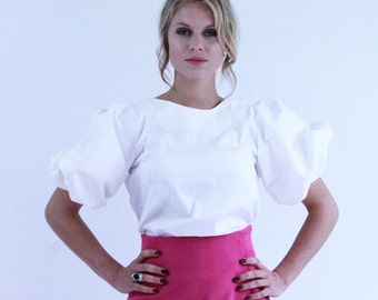Women short sleeve white blouse, puff sleeve blouse, balloon sleeve blouse, white top, white shirt, puff sleeve top