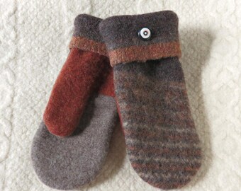 SALE - Repurposed Sweater Wool Mittens in Brown and Rust, Eco-Friendly Felted Wool Mittens, Adult Size