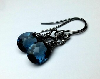 Quartz Earrings Blue Gemstone Earrings Sterling Silver or Oxidized Quartz jewelry Wire Wrapped Small Blue Dangle Earrings Mothers Day Gift