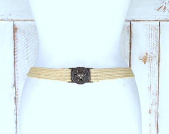 Vintage tan/light brown elastic stretch jute chord metal lock buckle belt/woven jute twine chord elastic belt