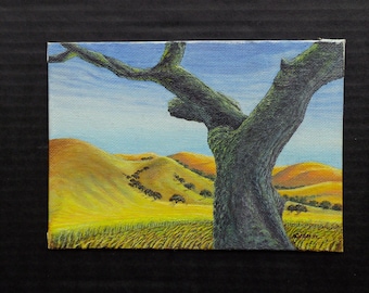 The Old Oak Tree - Original Painting by Nico Diemel - Small painting - California foot-hills - Oil / Acrylic / painting on canvas, miniature