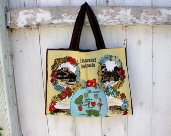 Upcycled Channel Islands Souvenir Tote, 17"x13", grocery tote bag, library tote bag, OOAK, eco bag, Channel Islands, market tote bag