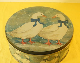 Vintage Rare Collectible Ducks In Snow Round Tin, White Ducks Blue Ribbon In Snow Tin, Round Cookie Collectible Tin, made in Taiwan R.O.C.