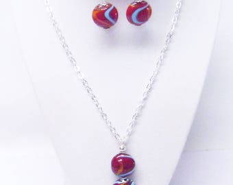 Mahogany Disc Glass Bead Pendant Necklace & Earrings Set
