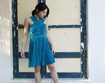 Blue turquoise vintage beautiful velvet viscose silk mini dress.size usa-12