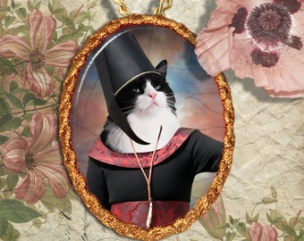 Tuxedo Cat Jewelry Pendant Necklace - Brooch Handcrafted Ceramic