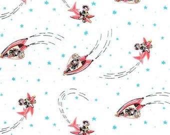 Rocket kids on white from the Rocket Kids retro fabric collection by Michael Miller Fabrics - CX7631-WHIT-D