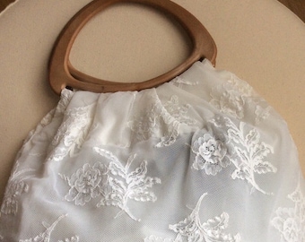 Vintage lace and wooden handle bag