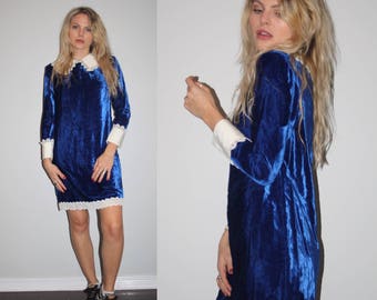 1960s Blue Velvet and Lace Mod Babydoll Grunge Dress - 60s Blue Velvet Dress - 60s Mod Clothing - WD-23