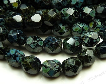 4mm Jet Black Picasso Czech Glass Beads - 8 Inch Strand (50pcs) - Round, Faceted, Fire Polished - BD38