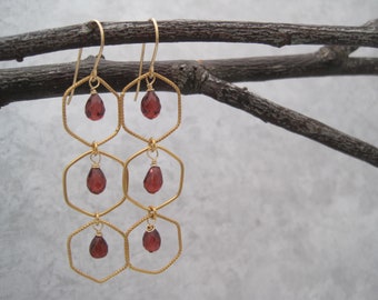 Garnet Earrings - Semi Precious Stones - Chandelier - January Birthstone - Faceted - Gold - Windowpane -