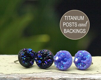 Faux Druzy Titanium Post Earrings, Two Pair Set of Glitter Studs, Black Purple and Lavender Sparkle