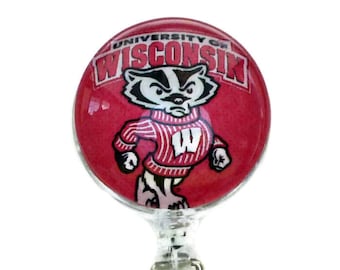 Wisconsin Badgers Badge Reel, WI Badgers ID Lanyard, Gift for Husband Wife, Round Glass Tile, Sports Enthusiast, Sports Lover Fathers Day