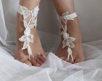 ivory lace barefoot sandals wedding barefoot , lace sandals Beach wedding barefoot sandals ,ivory lace barefoot sandals N-16A