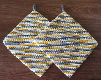 Crochet Hot Pads, Variegated Pot Holders, Crochet Pot Holders, Cream, Yellow, Gray, Housewarming Gift, Kitchen Gift, Handmade, Bridal Shower