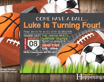Sports Birthday Invitation Sports Invitation Ball Birthday Invite Sports Party Soccer Birthday Baseball Digital File Busy bee's Happenings