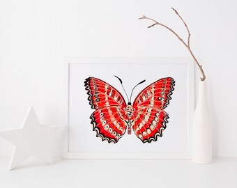 landscape, art print, red butterfly, wall art, cethosia biblis art print