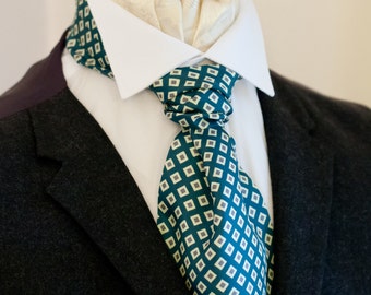 Teal Blue Diamond Pattern Vintage Italian Silk Cravat Ascot