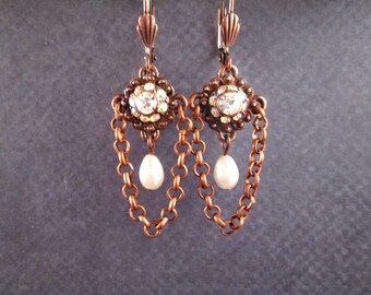 Vintage Rhinestone Earrings, White Glass Pearl Earrings, Copper Chain Dangle Earrings, FREE Shipping U.S.