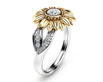 Unique Engagement Ring Natural Diamond 14K Gold Ring Sunflower Engagement Ring Camellia Jewelry