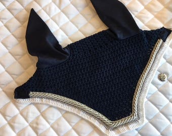 Ear Bonnet: Midnight Navy with Silver Trim, Single row clear rhinestones Horse Size