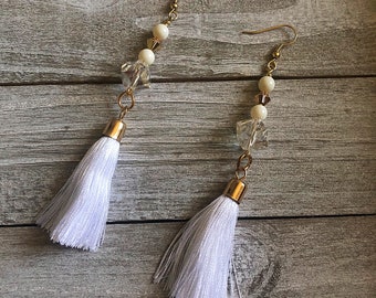 White & Gold Tassel Earrings
