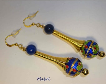 Earrings, Midnight blue and gold, cloisonné bead, glass Pearl, mother's day