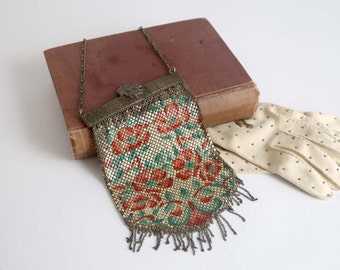 Vintage Flapper Mesh Bag, Metal Bag, 1920s Mesh Bag, Sterling Silver Opening, peach flowers green leaves Art Deco Mesh Bag Rare Flapper Bag