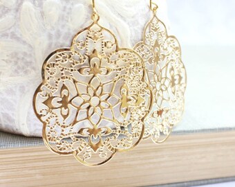 Big Gold Earrings Lace Filigree Earrings Large Dangle Spanish Style Boho Chic Gold Bridal Jewelry Bridesmaids Gift for Her Lightweight