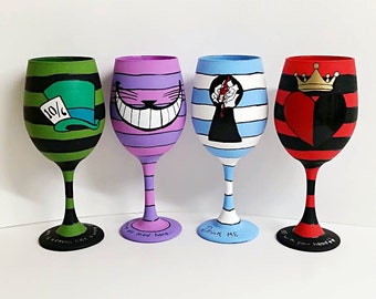 Wonderland set of 4 inspired, hand painted wine glasses.