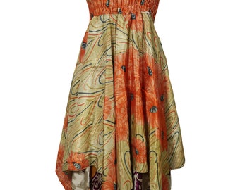 Playful Vintage Silk Sari Halter Dress Handkerchief Hem Printed Summer Holiday Sexy Dresses