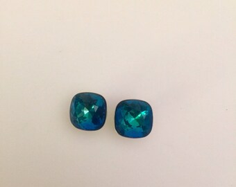 Square Bermuda Blue Swarovski crystal earrings