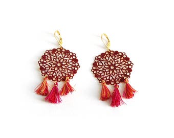 Shaman - Earrings Burgundy and gold tassels