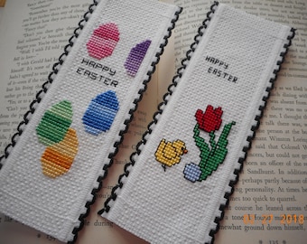 set of 2 EASTER bookmarks, HAPPY EASTER,tulips and chick,Easter Eggs,basket fillers, cross stitch bookmark, aida riband bookmark