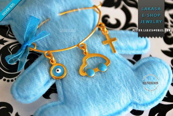 Blue Enamel Car Baby Brooch Sterling Silver 925 Gold-plated Handmade Jewelry Cross Eye Mama Happy Shower Day Religious Baptism Newborn Boy