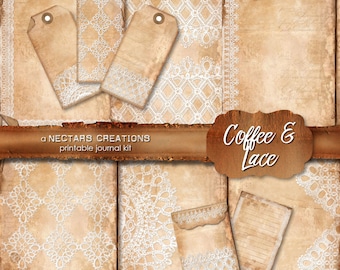 COFFEE & LACE Printable Junk Journal Kit. Vintage coffee stained paper and lace, for Scrapbooking, Journals, Cards or Mixed Media craft