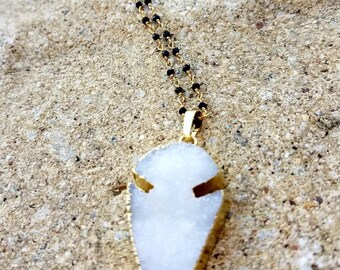 Black Spinel Beaded Necklace With White Druzy Arrow Pendant