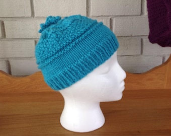 Youth aqua/teal hand knit beanie winter hat