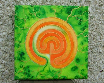 Labyrinth Silk Painting Meditation Mandala Green and Orange Spiritual Journey
