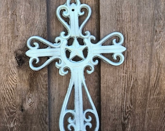 Rustic Cross, Mist Blue Metallic Cross, Western Cast Iron Cross