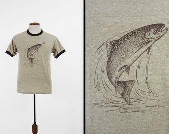 Vintage 80s Trout T-shirt Rayon Tri Blend Heather Brown Ringer Tee - Medium