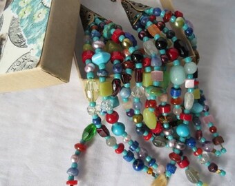 Fan Chain Pair for Ceiling Fan or Lamp with Multistone Beaded Fringe and Antiqued Brass Color Findings