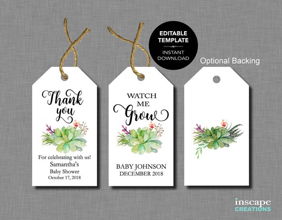Baby Shower Favor Tags EDITABLE TEMPLATE Succulents Watch Me